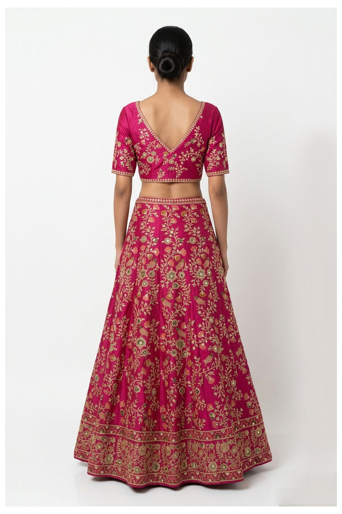 Rani Pink Floral Embroidered Lehenga Choli With Net Dupatta