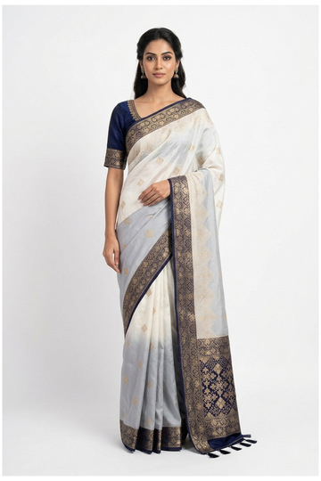 Ivory Banarasi Dola Silk Wedding Party Wear Saree