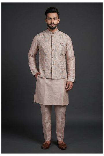 Men'S Paisley Embroidered Koti Kurta Set