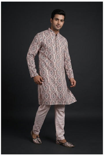 Blush Pink Ikat Print Men’S Kurta Set
