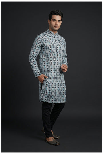 Steel Blue Ikat Print Men’S Kurta Set