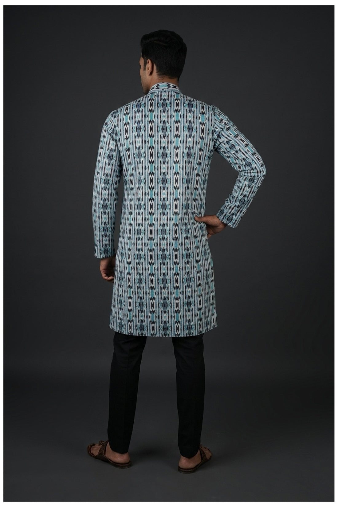 Steel Blue Ikat Print Men’S Kurta Set