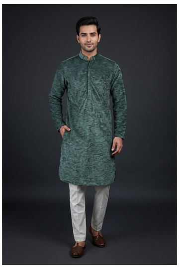 Bottle Green Textured Kurta Set