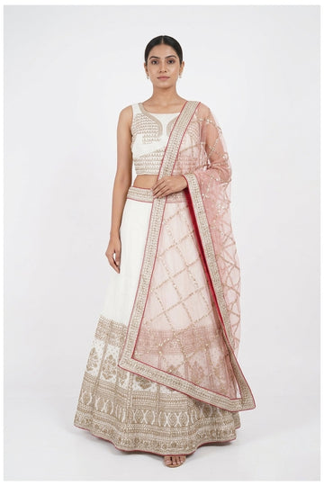 Ivory Embroidered Lehenga Choli With Blush Pink Net Dupatta