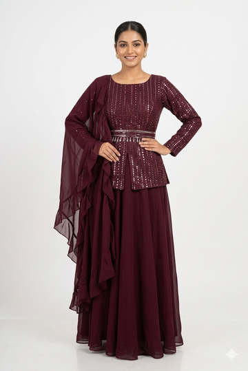Wine Maroon Sequined Peplum Kurti Set With Palazzo & Ruffle Dupatta