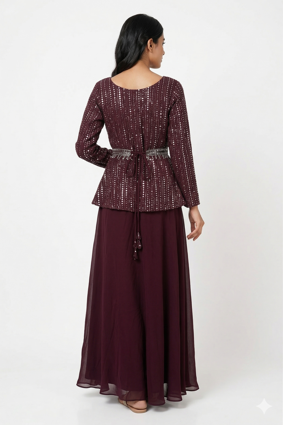 Wine Maroon Sequined Peplum Kurti Set With Palazzo & Ruffle Dupatta