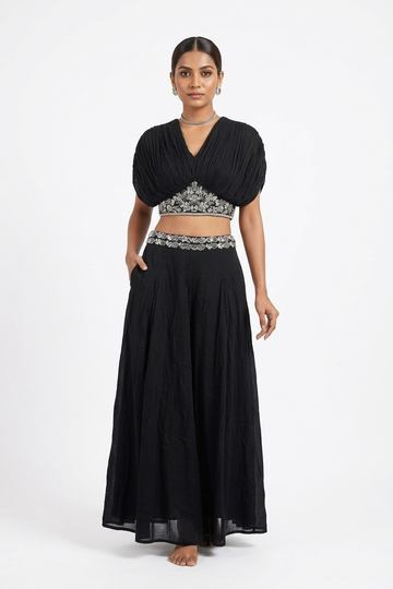 Classic Black Embellished Crop Top & Lehenga Set