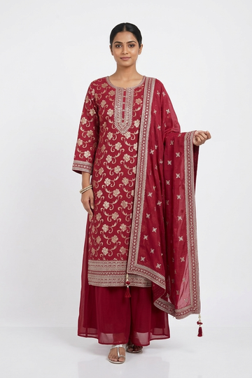 Dark Onion Embroidered Kurta Set With Sharara & Dupatta