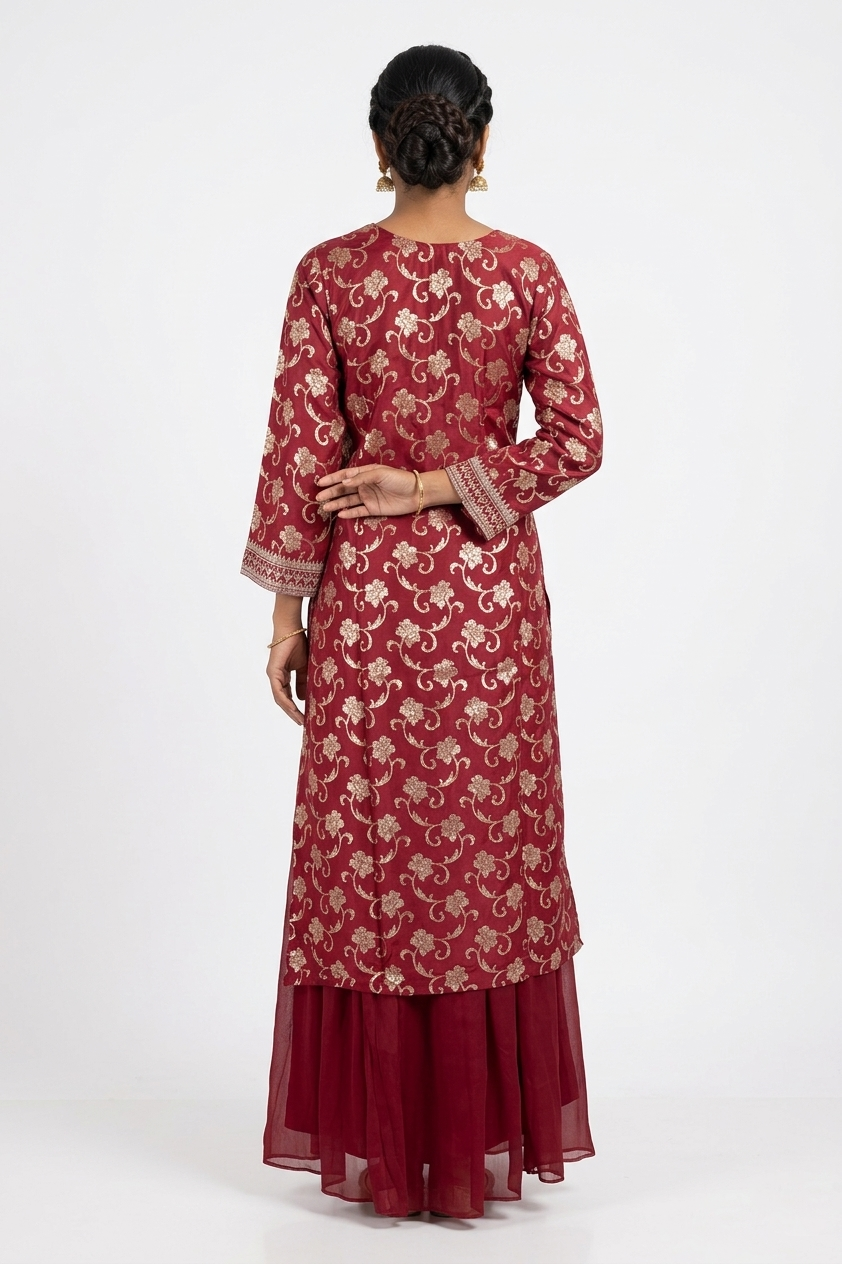 Dark Onion Embroidered Kurta Set With Sharara & Dupatta