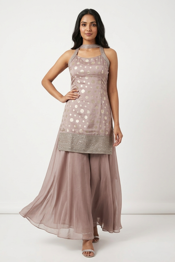 Rosy Gray Foil Printed Kurta Set With Palazzo