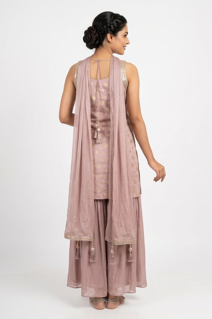 Rosy Gray Foil Printed Kurta Set With Palazzo