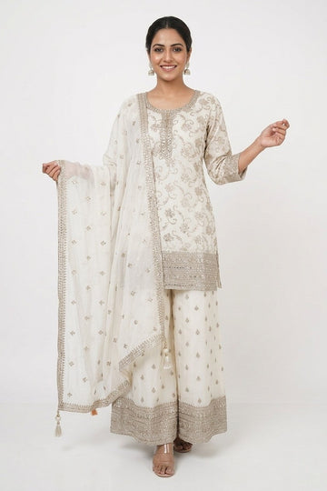 Ivory Elegance Embroidered Party Wear Palazzo Set
