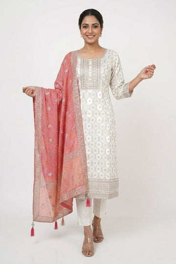 Ivory & Peach Embroidered Festive Kurta Set