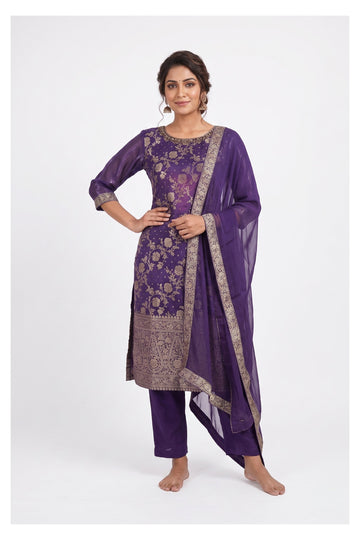 Royal Purple Zari Embroidered Festive Kurta Set