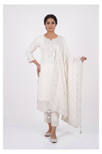Pearl White Sequin Embroidered Festive Kurta Set