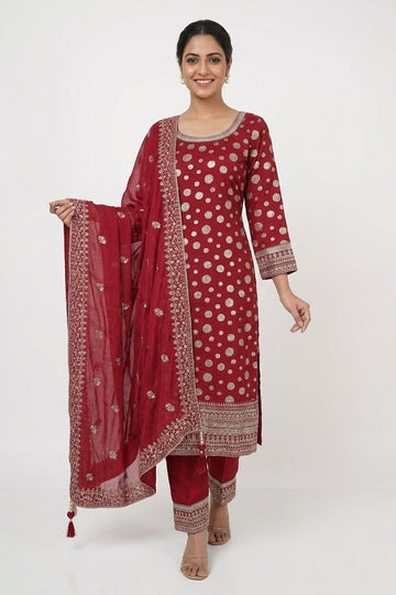 Ruby Red Mirror Embellished Festive Suit Set