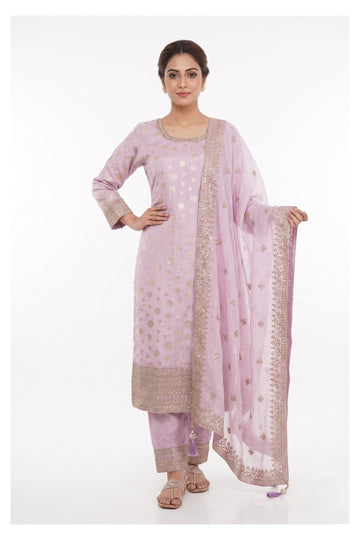 Lavender Embroidered Festive Suit Set With Organza Dupatta