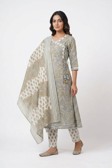 Sage Green Floral Printed Indo-Western Suit Set