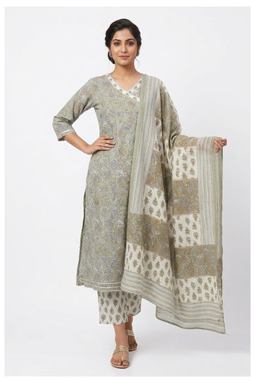 Sage Green Floral Printed Kurta Set With Dupatta