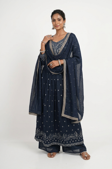 Dark Navy Blue Embellished Anarkali Kurta Set With Dupatta