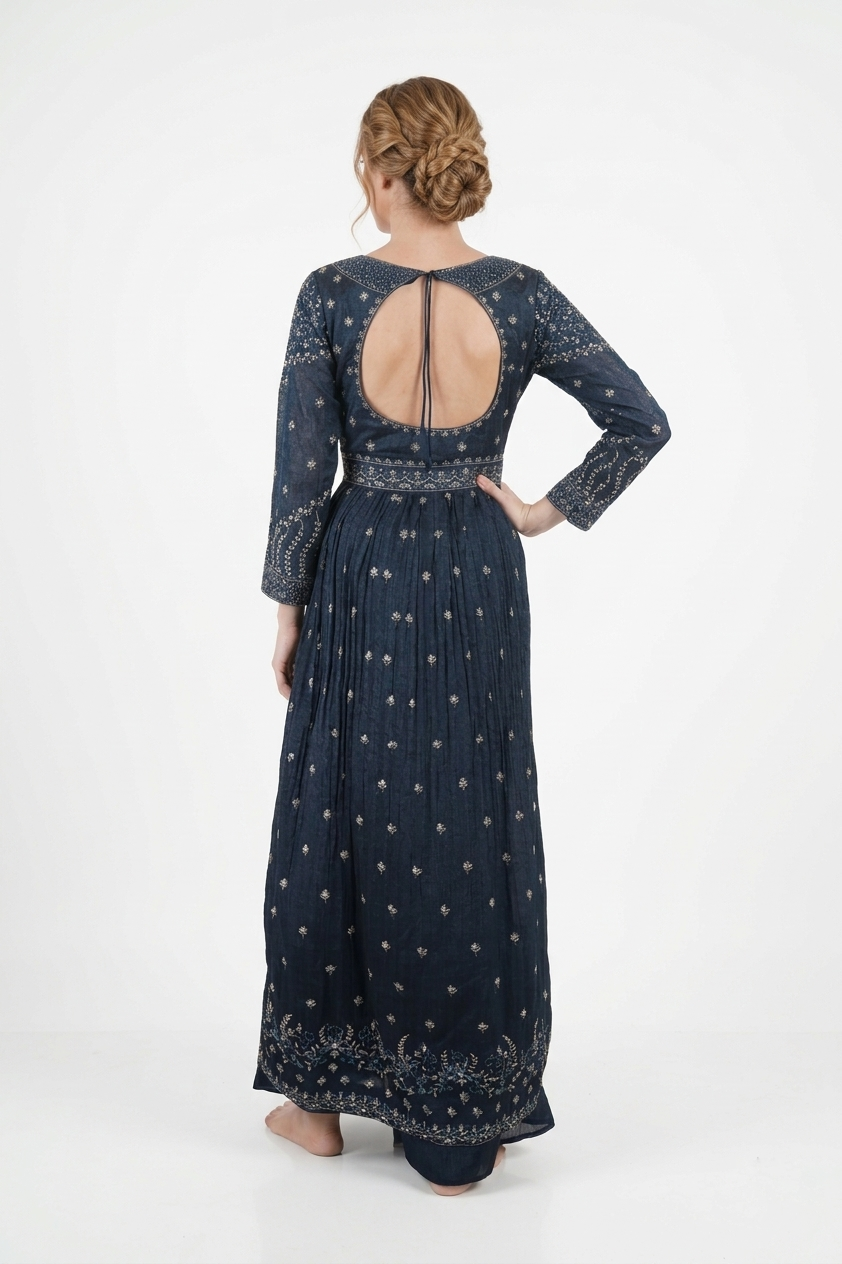 Dark Navy Blue Embellished Anarkali Kurta Set With Dupatta