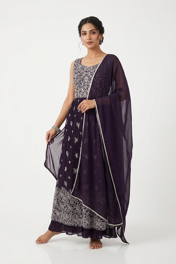 Dark Purple Embroidered Anarkali Kurta Set With Dupatta