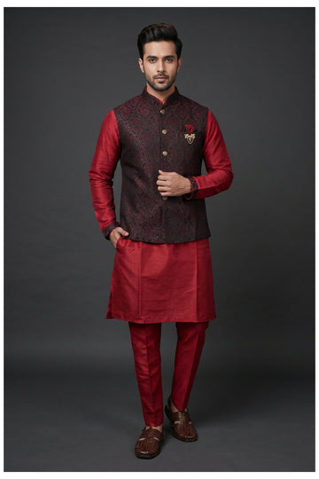 Maroon Kurta Set With Designer Brocade Koti Jacket