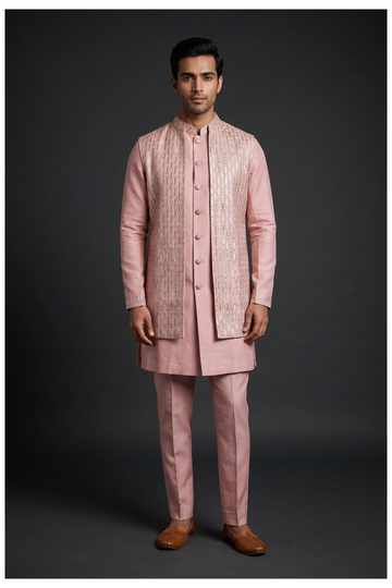 Men'S Embroidered Kurta Set With Koti