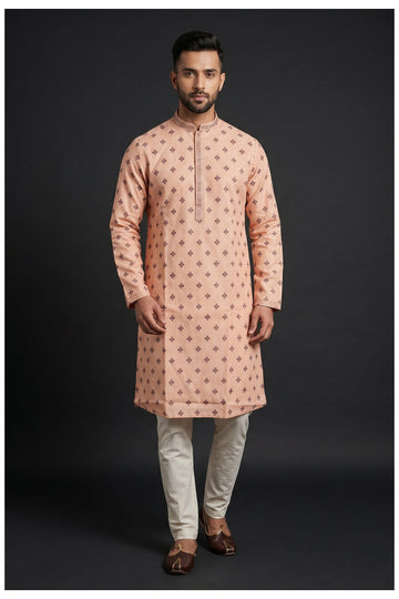 Peach Jacquard Patterned Men'S Kurta Set