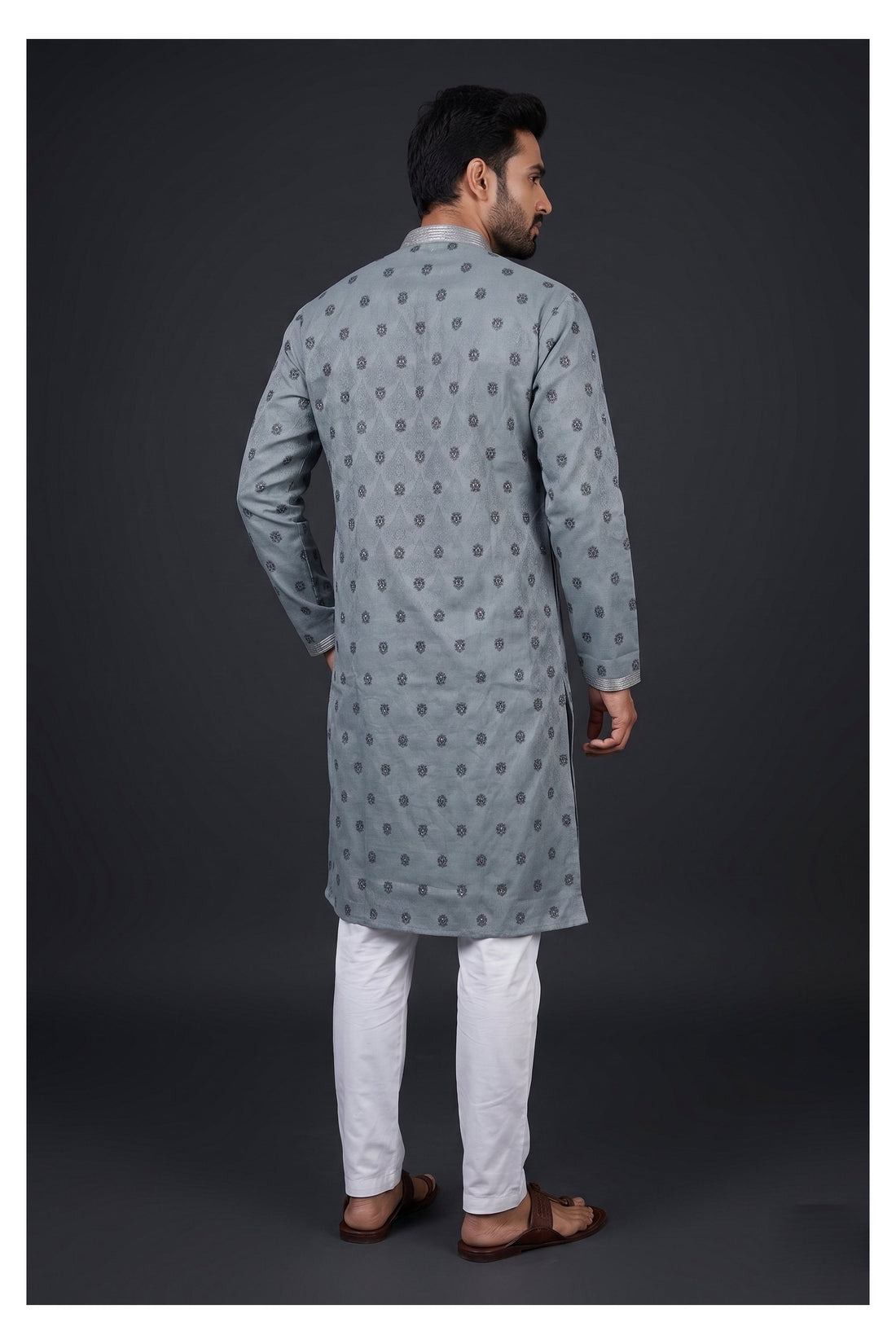 Mist Grey Buti Embroidered Men’S Kurta