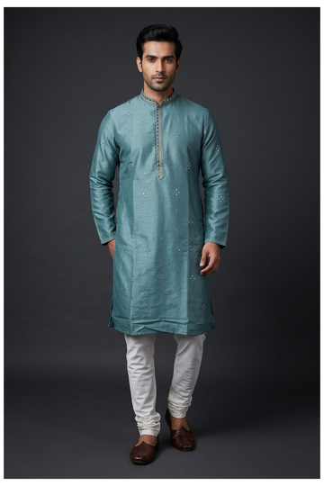 Teal Blue Embroidered Men'S Kurta Set