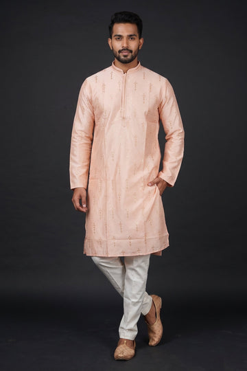 Peach Gold Embroidered Festive Kurta For Men