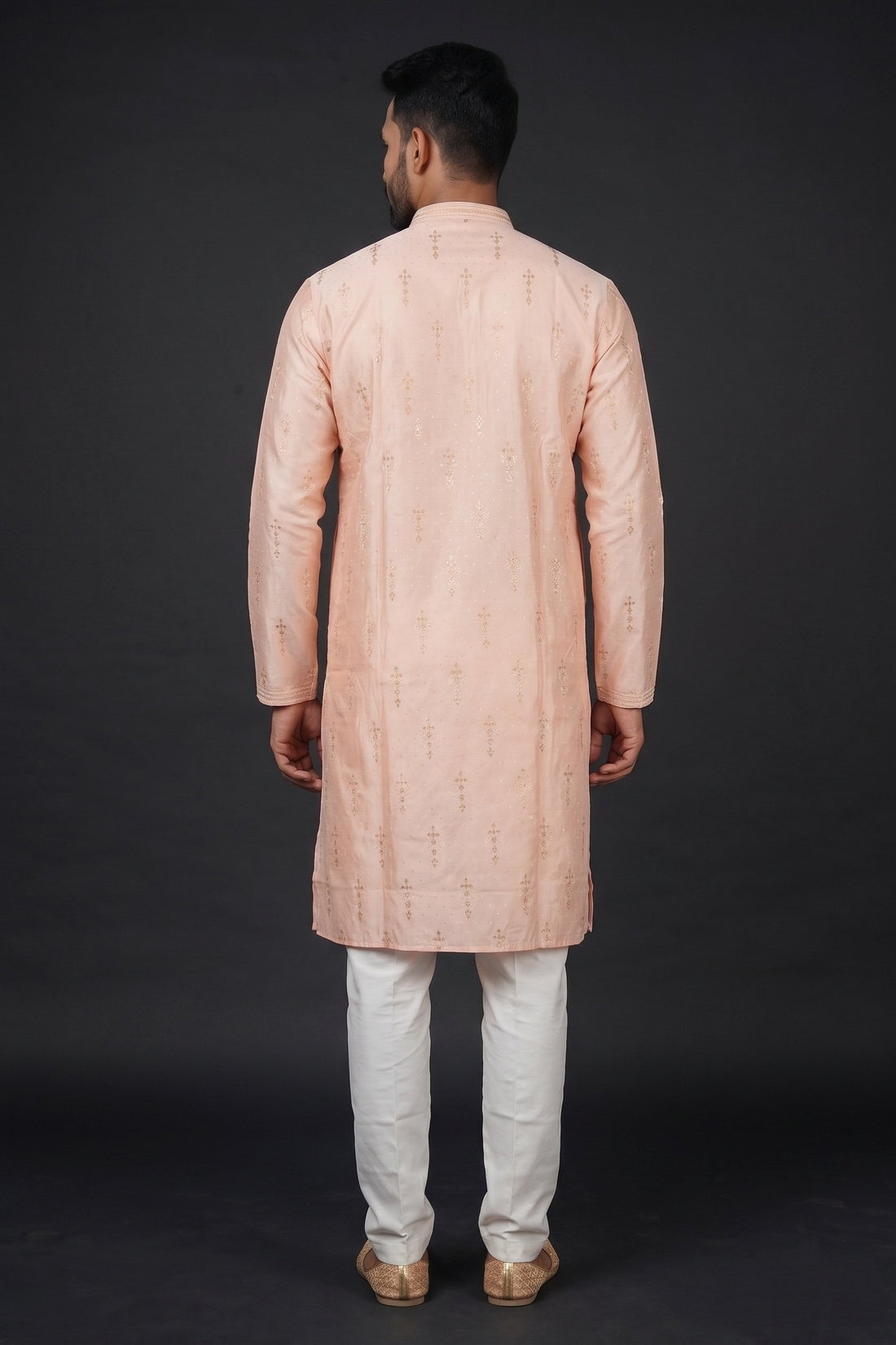 Peach Gold Embroidered Festive Kurta For Men