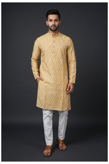 Lemon Yellow Printed Men'S Kurta Set