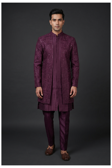 Men'S Embroidered Kurta Set With Long Koti