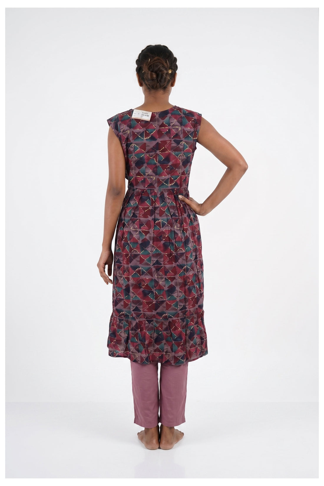 Wine Geometric Printed Kurta Pant Set With Mauve Dupatta