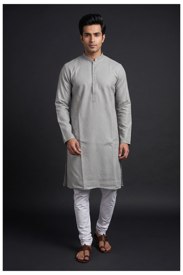 Silver Grey Textured Men'S Kurta