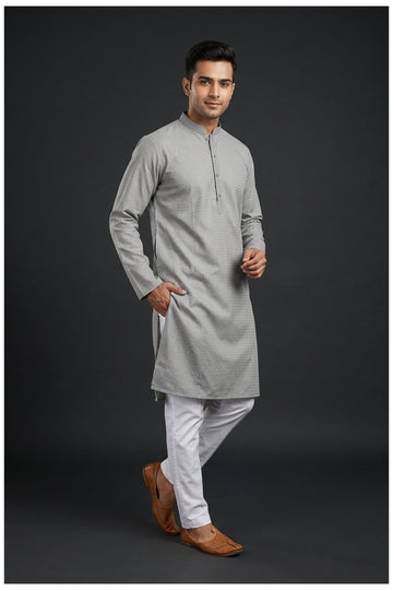 Silver Grey Micro Print Men’S Kurta Set