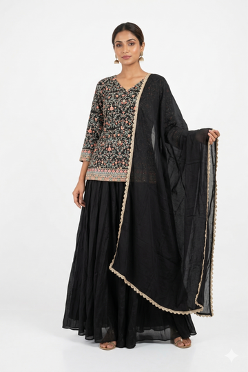 Elegant Black Floral Printed Kurta Sharara Set With Dupatta