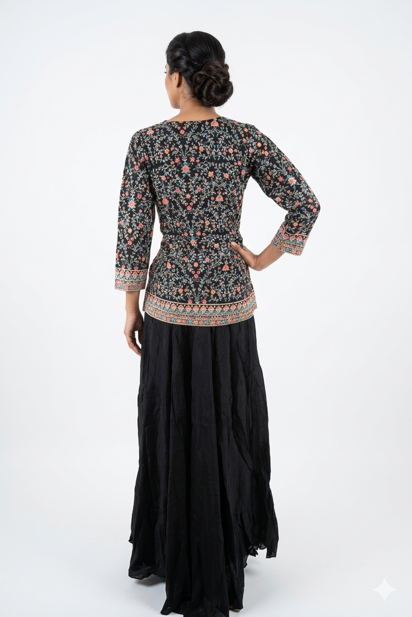 Elegant Black Floral Printed Kurta Sharara Set With Dupatta
