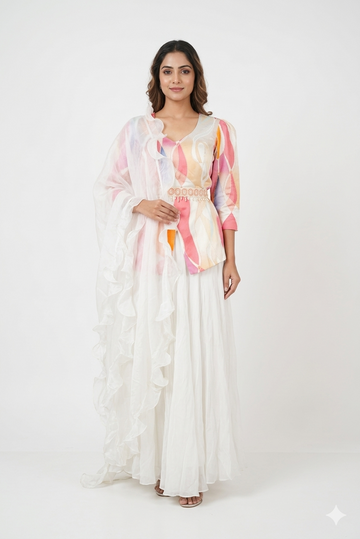 Pastel Multicolor Printed Peplum Kurti Set With White Sharara & Ruffle Dupatta