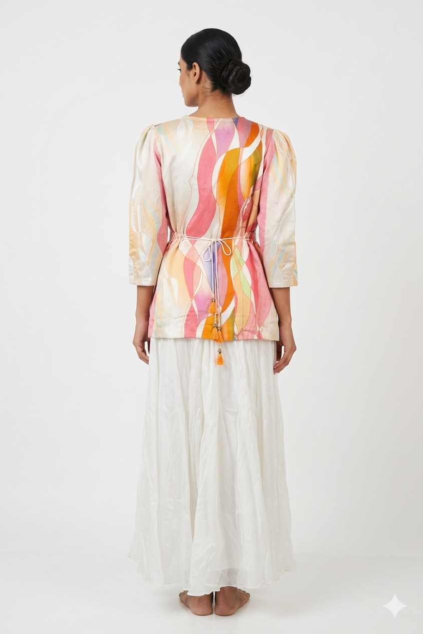 Pastel Multicolor Printed Peplum Kurti Set With White Sharara & Ruffle Dupatta