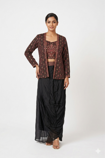 Maroon Embroidered Crop Top With Printed Jacket & Black Draped Skirt Set