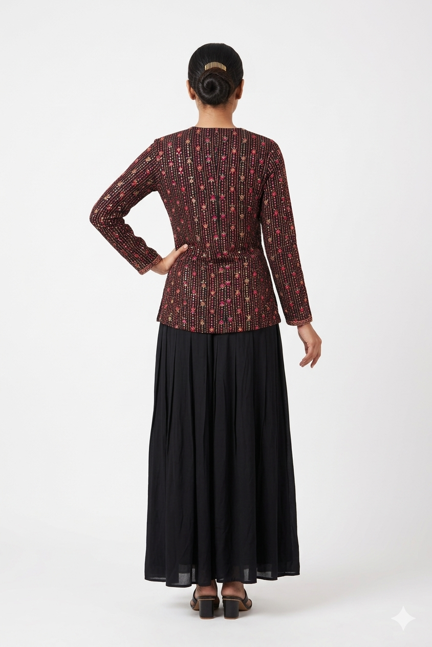 Maroon Embroidered Crop Top With Printed Jacket & Black Draped Skirt Set