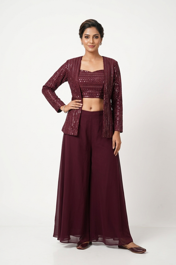 Wine Crop Top with Flared Palazzo Set