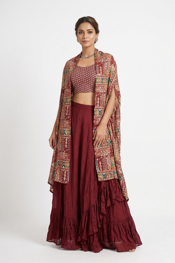 Rosy Brown Printed Lehenga Set With Crop Top & Ethnic Jacket Dupatta