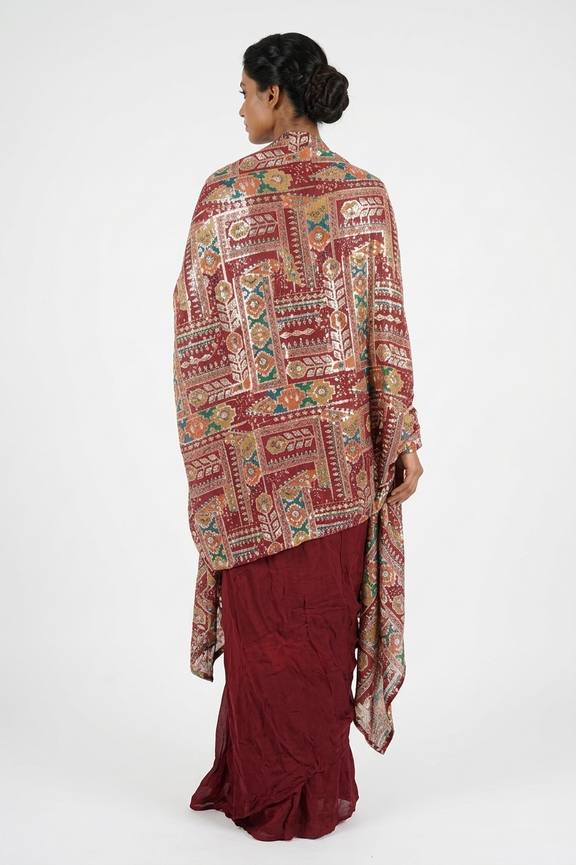 Rosy Brown Printed Lehenga Set With Crop Top & Ethnic Jacket Dupatta