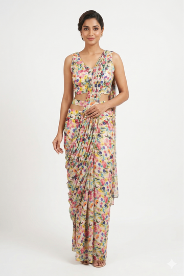 Multicolor Floral Printed Draped Saree With Designer Crop Top Set