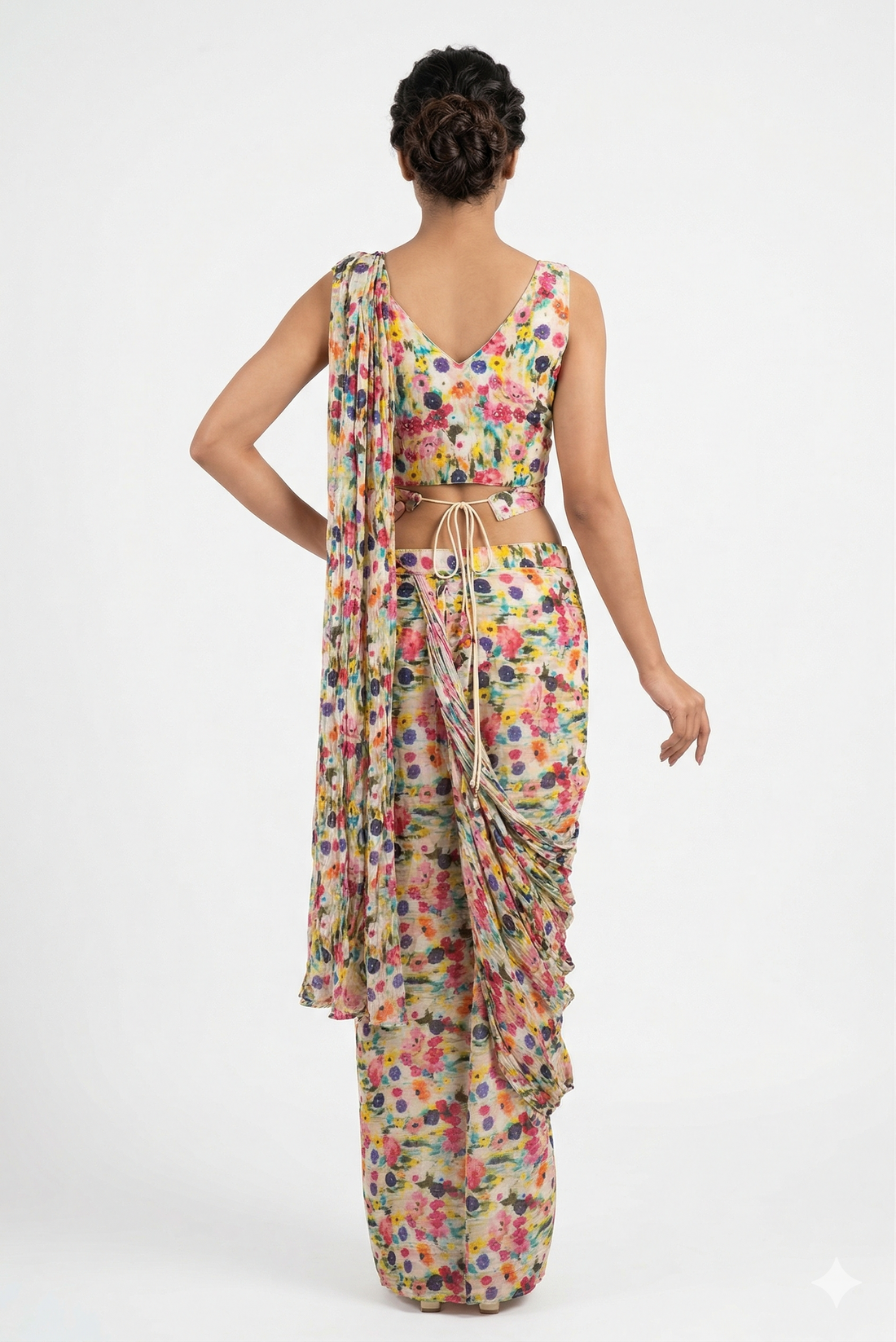 Multicolor Floral Printed Draped Saree With Designer Crop Top Set