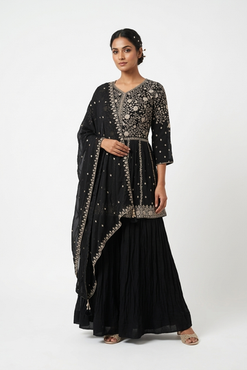 Noir Black Embroidered Kurta Sharara Set With Dupatta